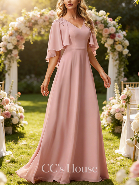 Maternity Friendly A-line Luxurious V-Neck Floor-Length Lace Chiffon Bridesmaid Dress