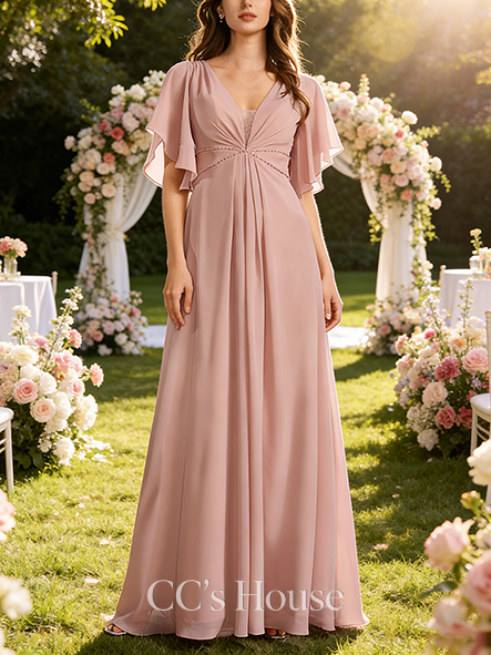 Maternity Friendly A-line Lightweight V-Neck Floor-Length Chiffon Bridesmaid Dress