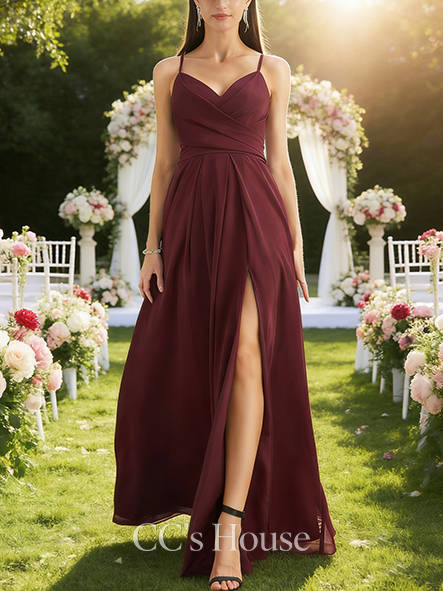 Maternity Friendly A-line Whimsical V-Neck Floor-Length Chiffon Bridesmaid Dress With Ruffle