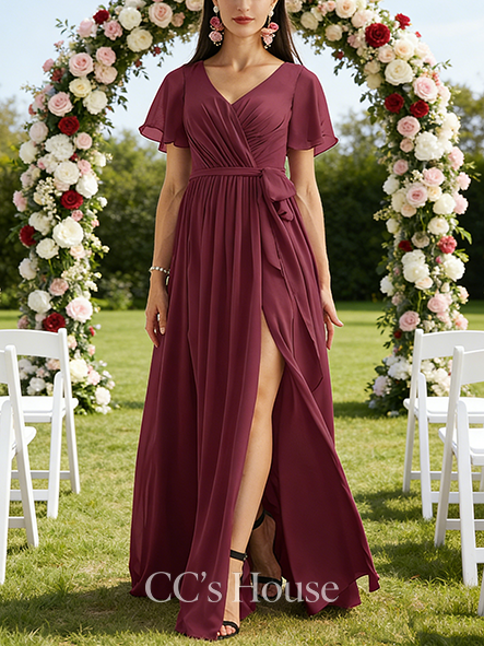 New Arrival A-line Soft V-Neck Floor-Length Chiffon Bridesmaid Dress