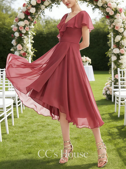 Plus Size A-line Charming V-Neck Asymmetrical Chiffon Bridesmaid Dress With Ruffle