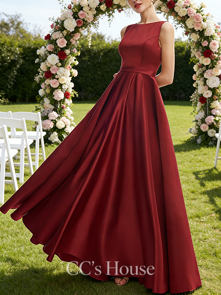 Under $100 A-line Classic Scoop Floor-Length Satin Bridesmaid Dress