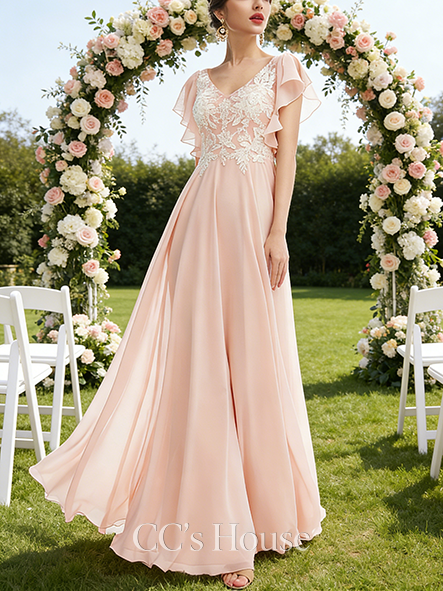 Junior A-line Delicate V-Neck Floor-Length Lace Chiffon Bridesmaid Dress With Ruffle