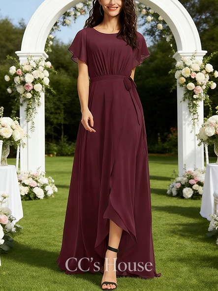 Under $100 A-line Modern Scoop Asymmetrical Chiffon Bridesmaid Dress With Ruffle