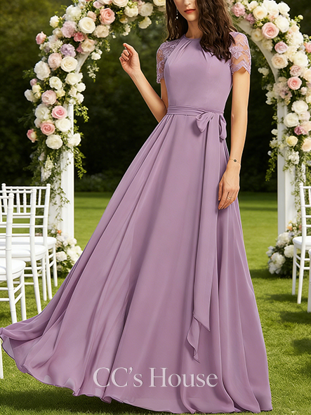 Plus Size A-line Vintage Scoop Floor-Length Lace Chiffon Bridesmaid Dress