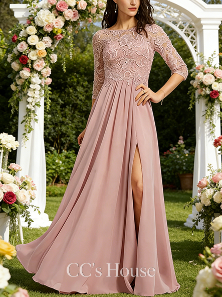 New Arrival A-line Lace-Detailed Scoop Floor-Length Lace Chiffon Bridesmaid Dress
