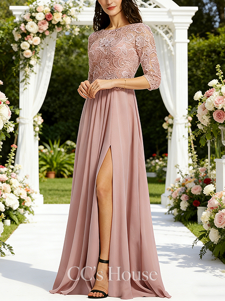 A-line Lace-Detailed Scoop Floor-Length Lace Chiffon Bridesmaid Dress