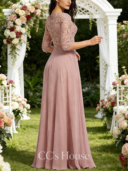 A-line Lace-Detailed Scoop Floor-Length Lace Chiffon Bridesmaid Dress