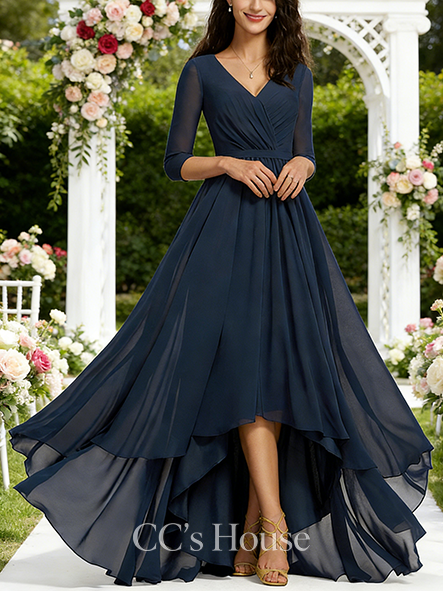 New Arrival A-line Tailored V-Neck Asymmetrical Chiffon Bridesmaid Dress With Pleated