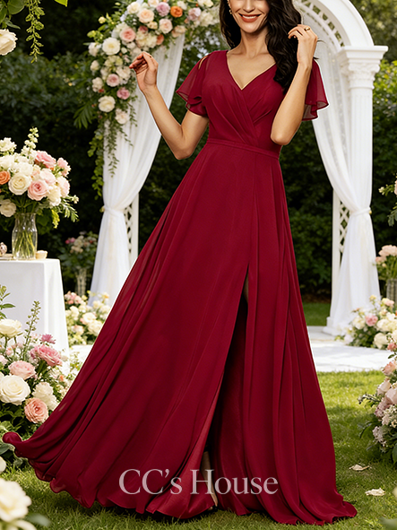 A-line Refined V-Neck Floor-Length Chiffon Bridesmaid Dress