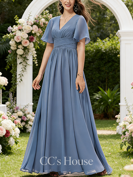 A-line Romantic V-Neck Floor-Length Chiffon Bridesmaid Dress With Ruffle