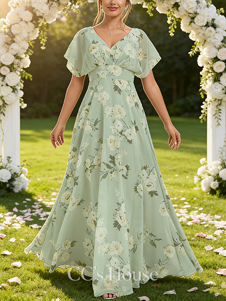 Under $100 A-line Clean V-Neck Floor-Length Chiffon Bridesmaid Dress