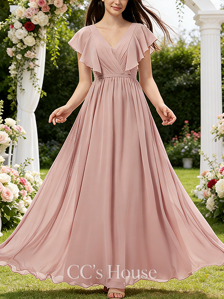 A-line Simple V-Neck Floor-Length Chiffon Bridesmaid Dress
