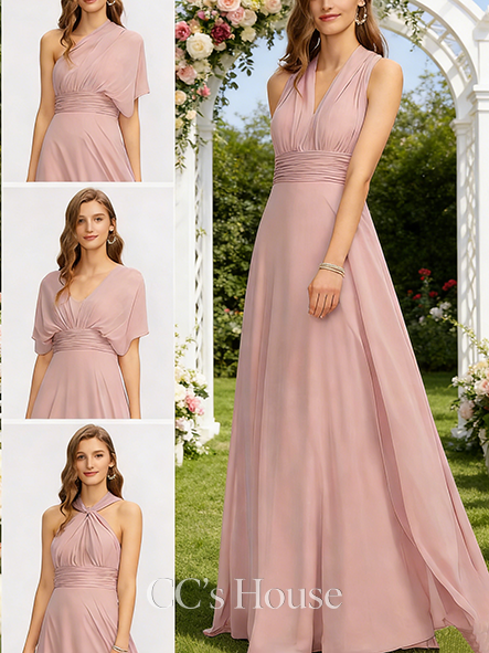 A-line Unique Halter One Shoulder V-Neck Floor-Length Chiffon Bridesmaid Dress With Ruffle