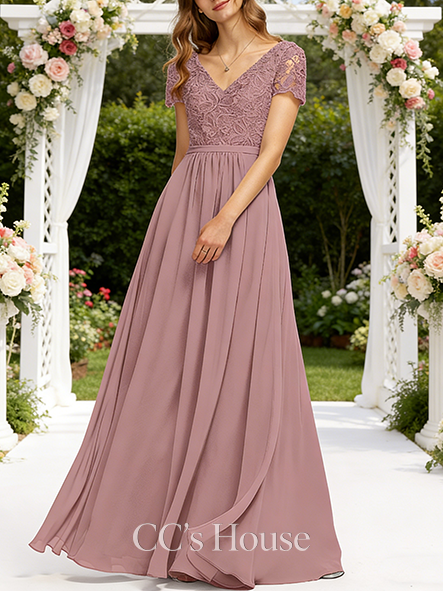 Plus Size A-line Delicate V-Neck Floor-Length Chiffon Lace Bridesmaid Dress Plus Size A-line Delicate V-Neck Floor-Length Chiffon Lace Bridesmaid Dress