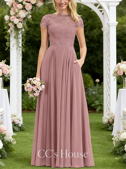 Maternity Friendly A-line Vintage Scoop Floor-Length Lace Chiffon Bridesmaid Dress