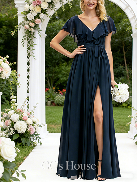 Maternity Friendly A-line Whimsical V-Neck Floor-Length Chiffon Bridesmaid Dress With Bow Cascading Ruffles