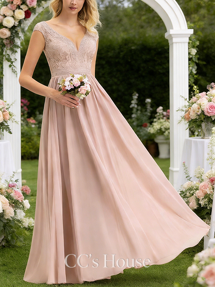 Maternity Friendly A-line Elegant V-Neck Floor-Length Lace Chiffon Bridesmaid Dress