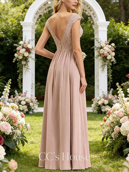 A-line Elegant V-Neck Floor-Length Lace Chiffon Bridesmaid Dress