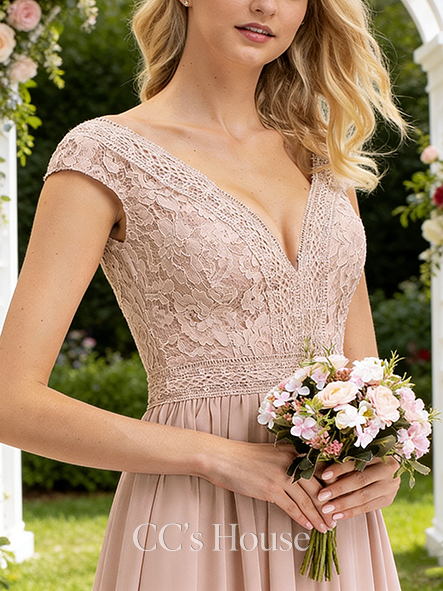 A-line Elegant V-Neck Floor-Length Lace Chiffon Bridesmaid Dress