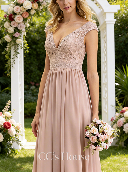 A-line Elegant V-Neck Floor-Length Lace Chiffon Bridesmaid Dress