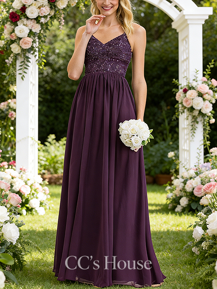 New Arrival A-line Luxe V-Neck Floor-Length Chiffon Lace Bridesmaid Dress With Beading Sequins