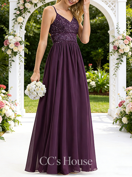Plus Size A-line Luxe V-Neck Floor-Length Chiffon Lace Bridesmaid Dress With Beading Sequins