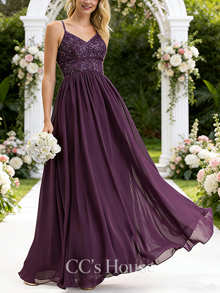Plus Size A-line Luxe V-Neck Floor-Length Chiffon Lace Bridesmaid Dress With Beading Sequins