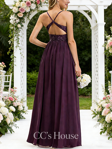 Plus Size A-line Luxe V-Neck Floor-Length Chiffon Lace Bridesmaid Dress With Beading Sequins