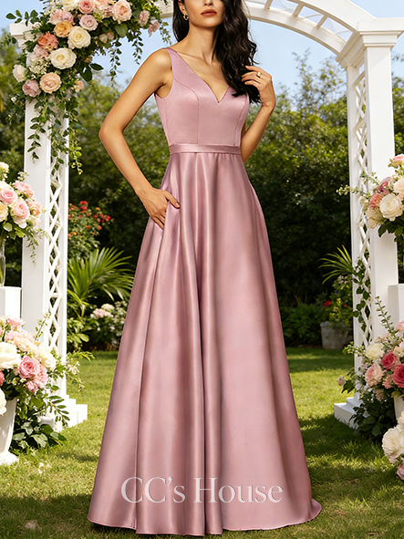 A-line Opulent V-Neck Floor-Length Satin Bridesmaid Dress