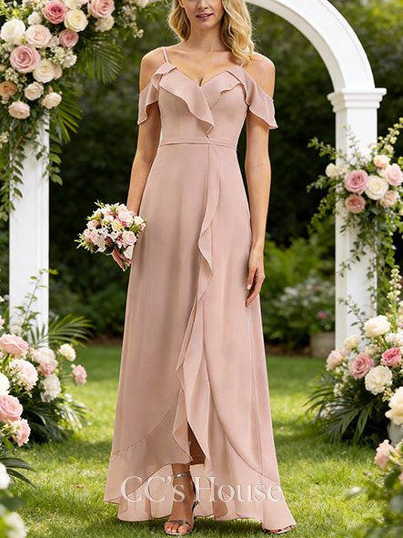 Maternity Friendly A-line Flowery V-Neck Asymmetrical Chiffon Bridesmaid Dress With Cascading Ruffles
