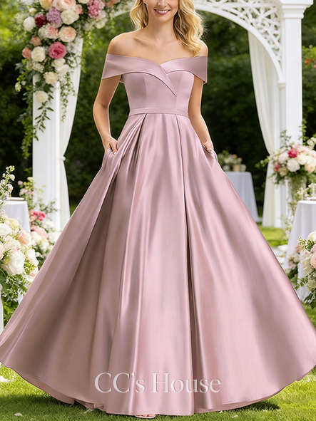 Maternity Friendly A-line Regal Off the Shoulder Floor-Length Satin Bridesmaid Dress