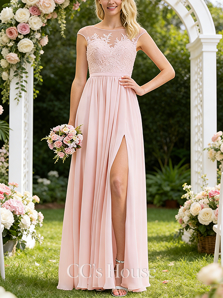 Maternity Friendly A-line Dreamy Scoop Floor-Length Lace Chiffon Bridesmaid Dress