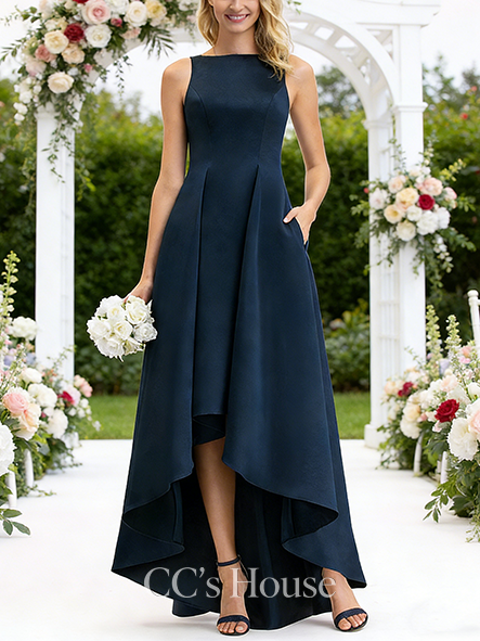 Short A-line Sleek Scoop Asymmetrical Satin Bridesmaid Dress
