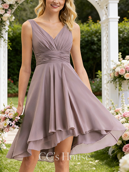 Short A-line Trendy V-Neck Asymmetrical Chiffon Bridesmaid Dress With Ruffle