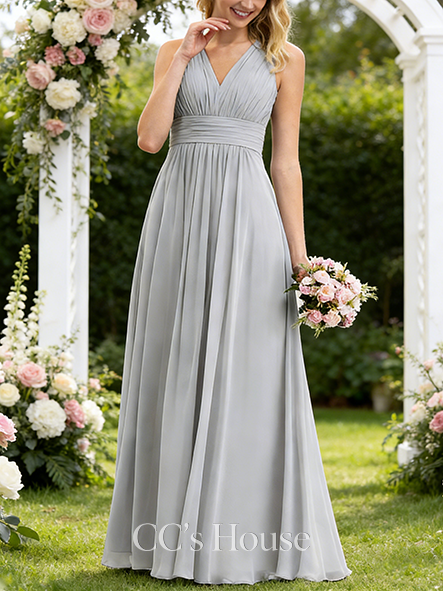 Maternity Friendly A-line Cute V-Neck Floor-Length Chiffon Bridesmaid Dress With Bow Ruffle