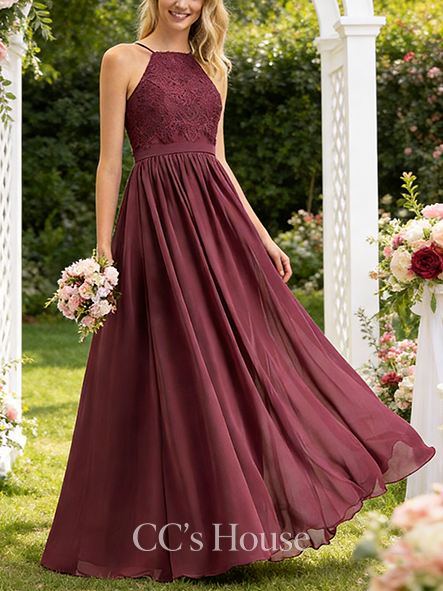 A-line Dainty Square Floor-Length Lace Chiffon Bridesmaid Dress