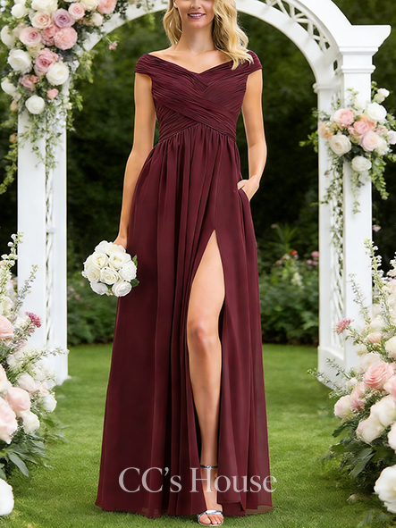 A-line Chic Off the Shoulder Floor-Length Chiffon Bridesmaid Dress With Ruffle Ruched