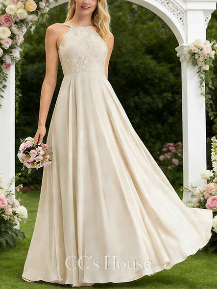 Maternity Friendly A-line Ethereal Scoop Floor-Length Lace Chiffon Bridesmaid Dress