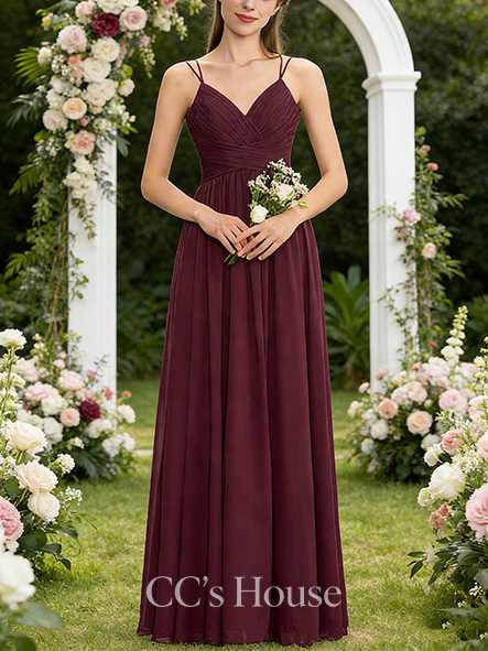 Junior A-line Lace-Trimmed V-Neck Floor-Length Lace Chiffon Bridesmaid Dress With Ruffle