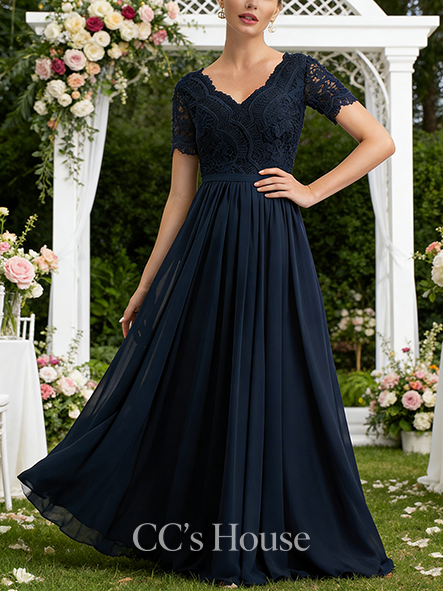 Junior A-line Pretty V-Neck Floor-Length Lace Chiffon Bridesmaid Dress