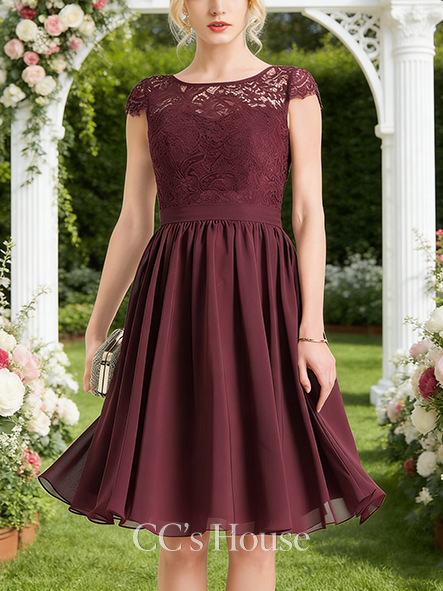Short A-line Fun Scoop Knee-Length Lace Chiffon Bridesmaid Dress