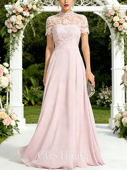 Junior A-line Serene High Neck Floor-Length Lace Chiffon Bridesmaid Dress