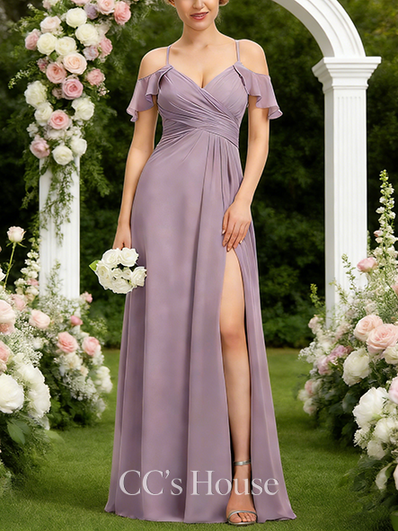 A-line Refined Cold Shoulder Floor-Length Chiffon Bridesmaid Dress With Pleated