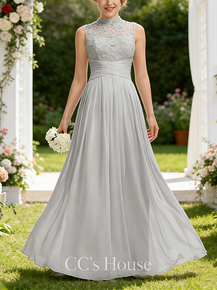 A-line Elegant High Neck Floor-Length Lace Chiffon Bridesmaid Dress With Ruffle