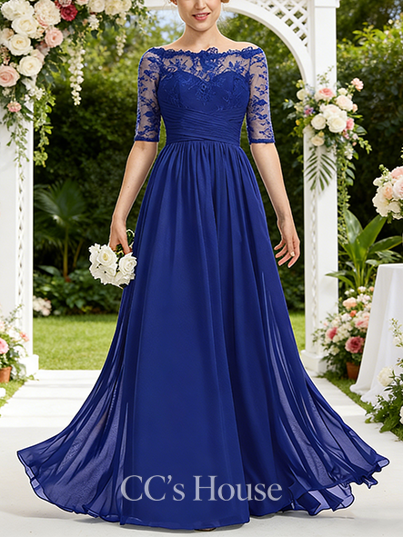 A-line Romantic Off the Shoulder Floor-Length Lace Chiffon Bridesmaid Dress With Ruffle