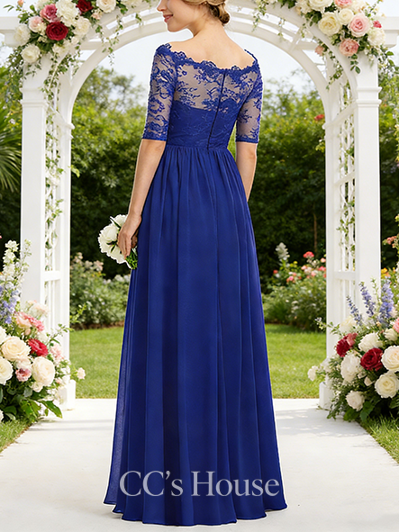 Plus Size A-line Romantic Off the Shoulder Floor-Length Lace Chiffon Bridesmaid Dress With Ruffle