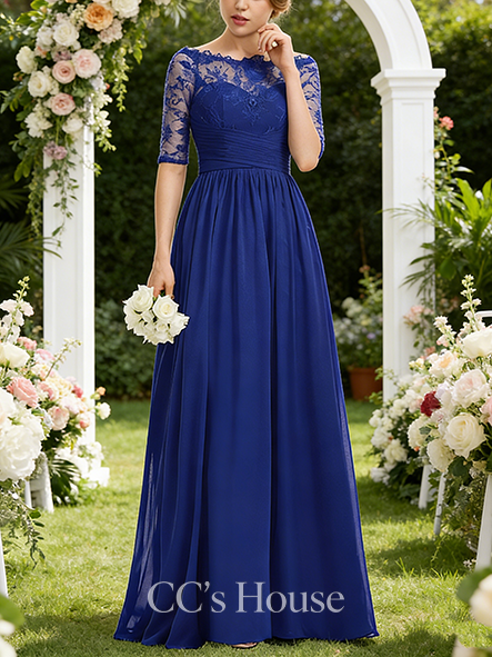 Plus Size A-line Romantic Off the Shoulder Floor-Length Lace Chiffon Bridesmaid Dress With Ruffle