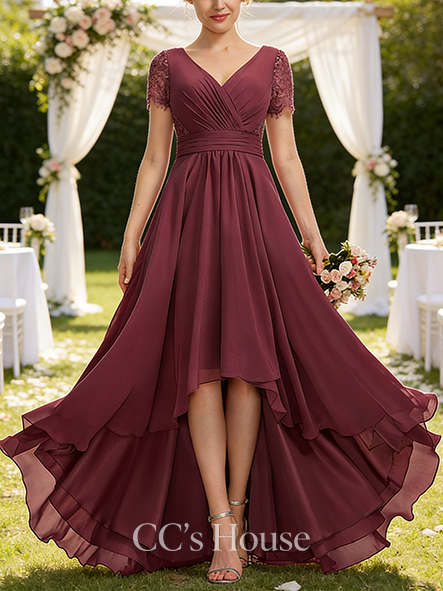 Short A-line Fashion-Forward V-Neck Asymmetrical Lace Chiffon Bridesmaid Dress With Pleated