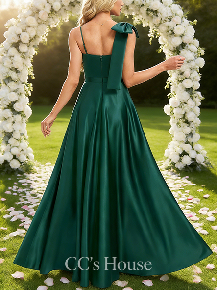 A-line Elegant V-Neck Floor-Length Satin Bridesmaid Dress With Bow